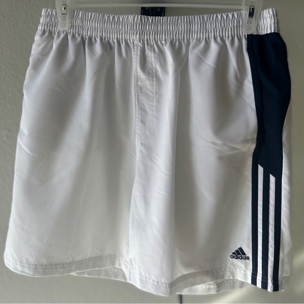 Adidas Men's White Shorts with Navy Stripes